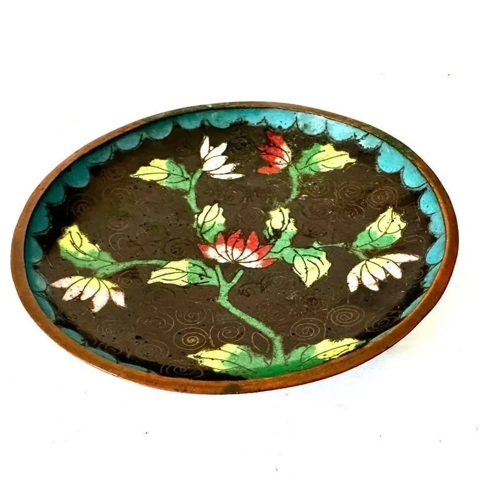 Green blue floral cloisonné  copper enamel vintage trinket dish